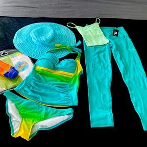 Hot summer bundle includes 2-piece bathing suit, wide brim hat, leggings & tank